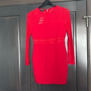 Bebe NWT Red LONG SLEEVE STRIPED MESH PANEL MINI DRESS Size S‎
